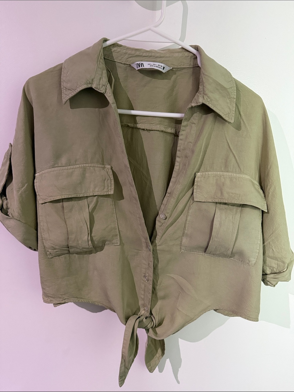 Zara Olive Tie-Front Utility Button-Down Shirt